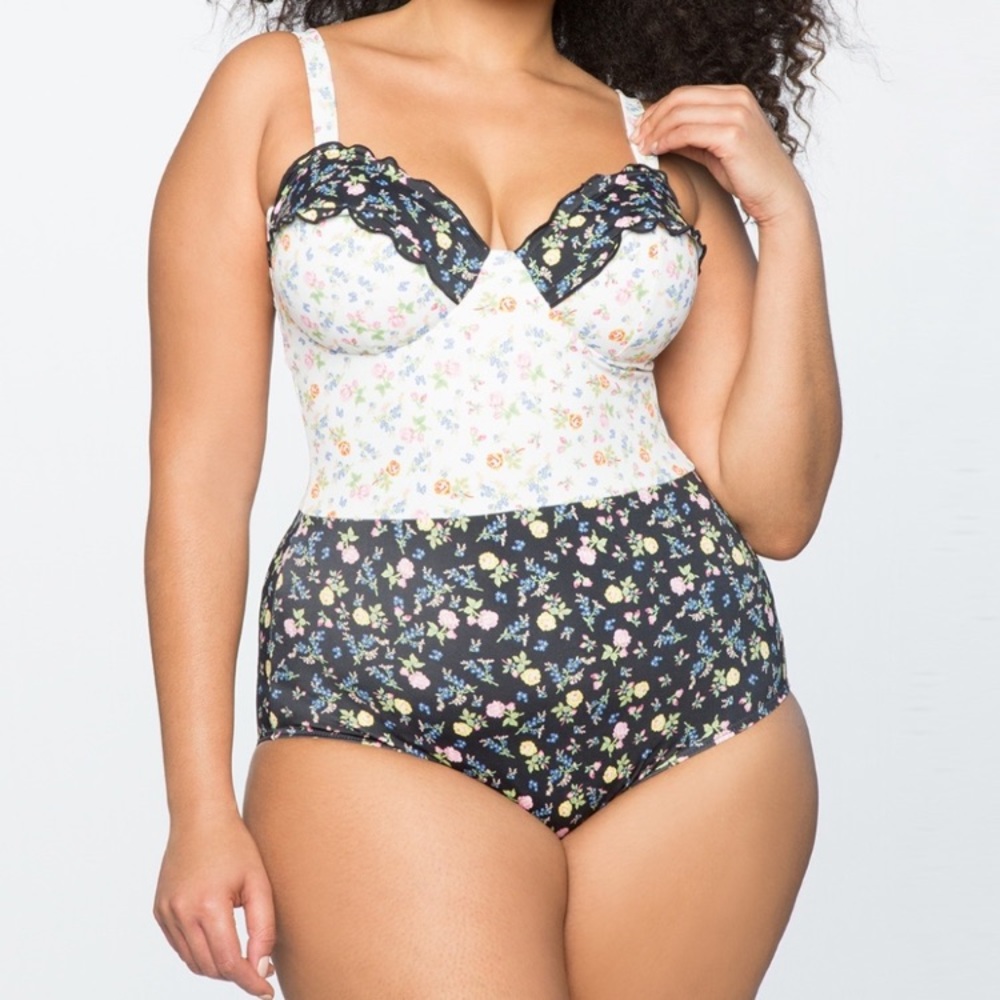 HTF Eloquii Scallop Block Print Mixed Floral one Piece Swimsuit 18 Best Bud